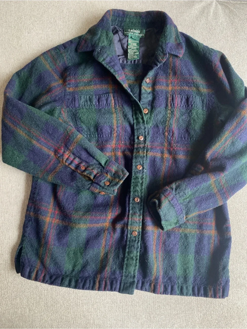 100% wool Ralph Lauren Kids Navy & Green Plaid Button-Down Shirt